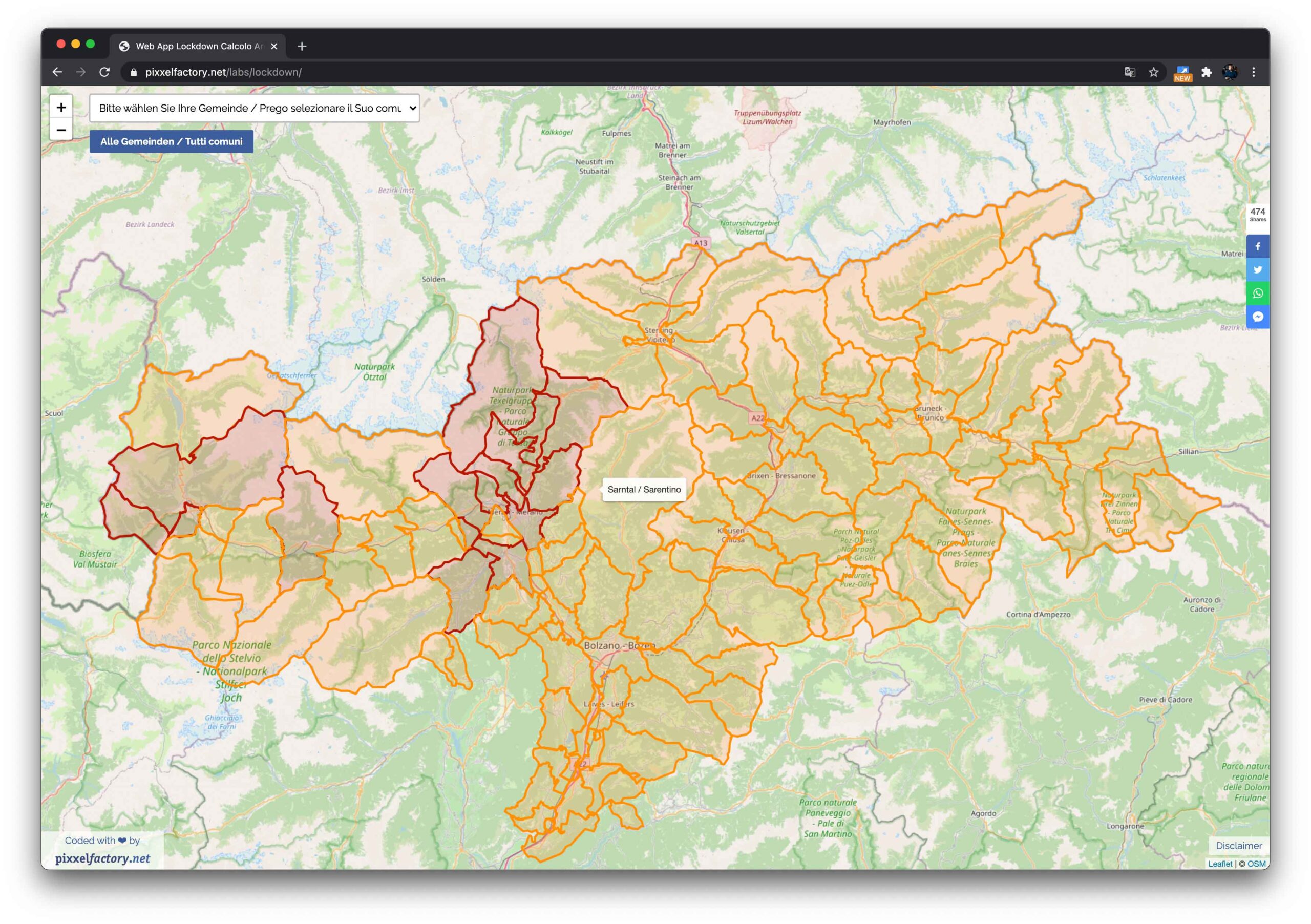 Le zone colorate dei comuni della Provincia di Bolzano